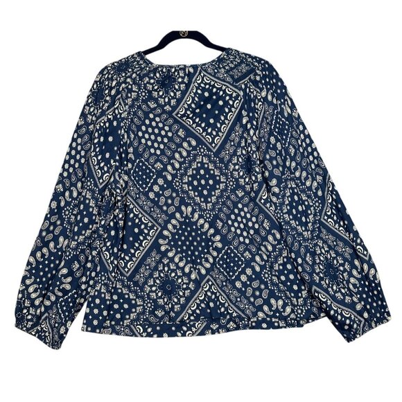 Old Navy Bandana Print Smocked Shoulder Poet Blouse XL Blue Boho Coastal Cowgirl - Picture 5 of 10